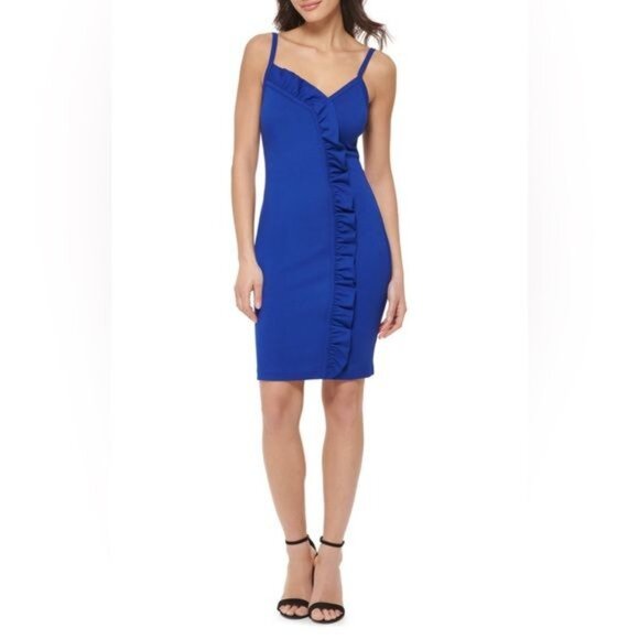 New GUESS Ponte Ruffle Sheath Dress in Royal Blue Size 12 - Picture 12 of 12